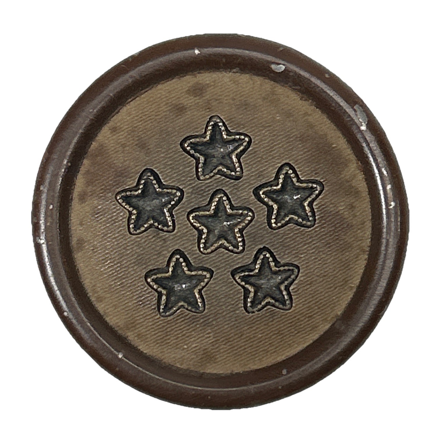 Antique Metal Sewing Button Six Pitted Stars Brown Acrylic On Metal Perimeter