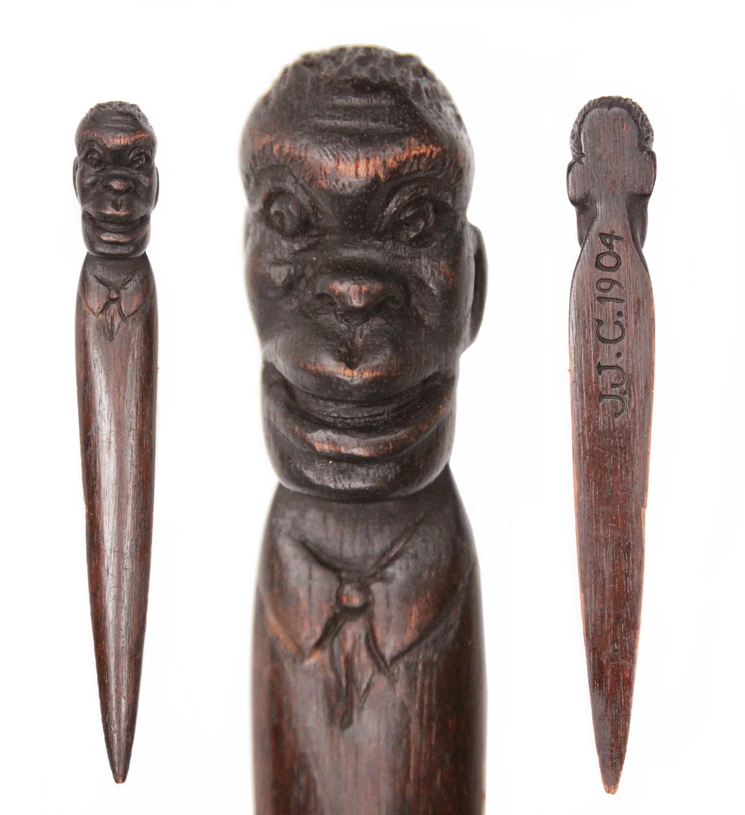 Antique Carved Wooden Folk Art Letter Opener Dated 1904 Man Portrait Face Old
