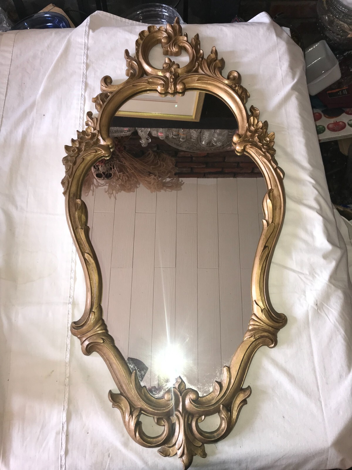 60’s BURWOOD Homco 4711 Gold FRAME Floral WALL MIRROR 40½”x20″ HOLLYWOOD REGENCY