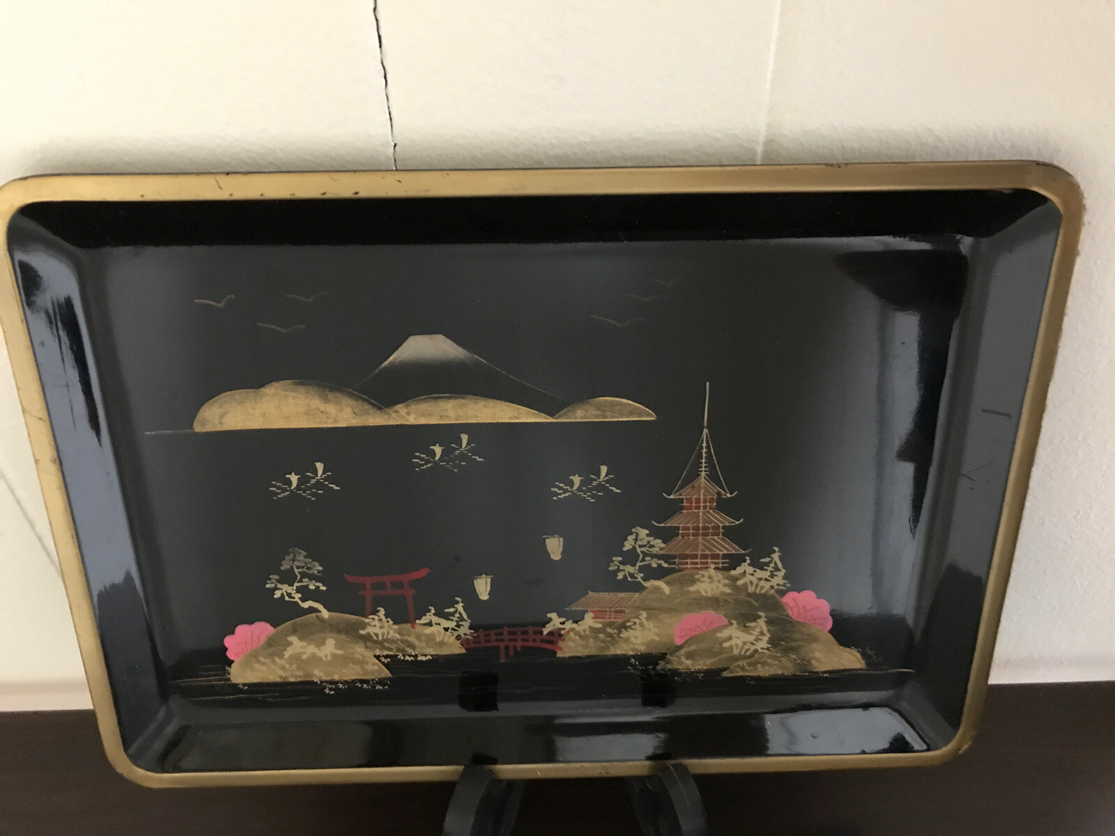 Japanese Vintage Wooden Tray Black Traditional Lacquer Ware