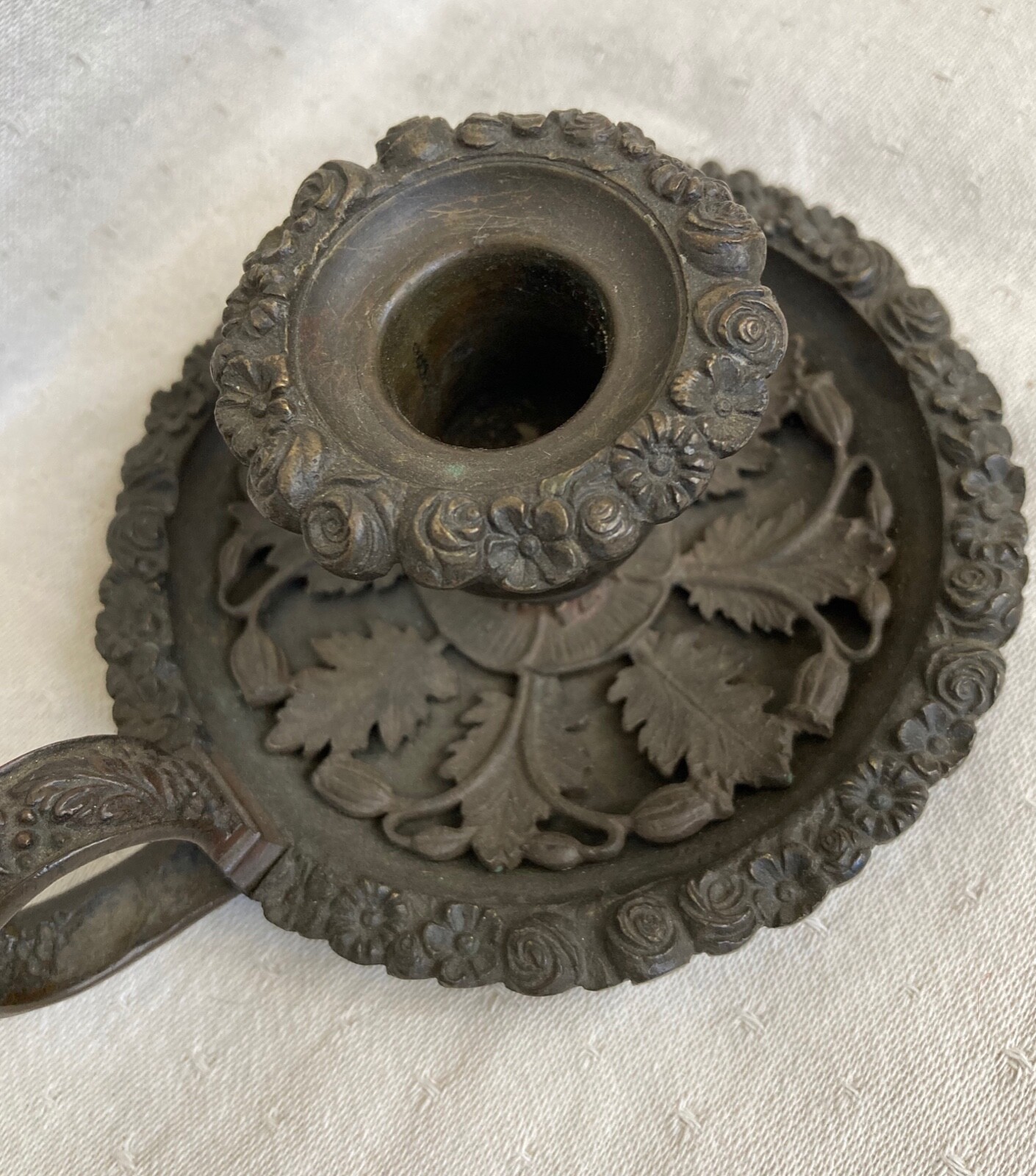 Antqe Brass patinated chamberstick, candlestick, candleholder, cut metal overlay