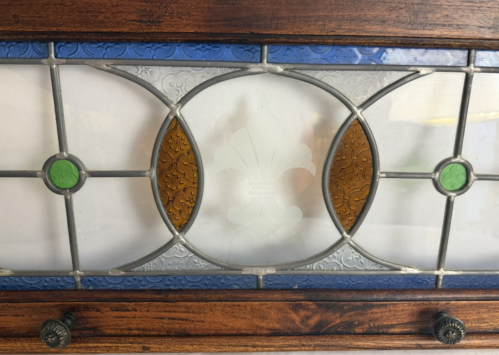AG1082 Antique c1910 Craftsman Embossed Stained Glass Fleur de Lis Panel MINT