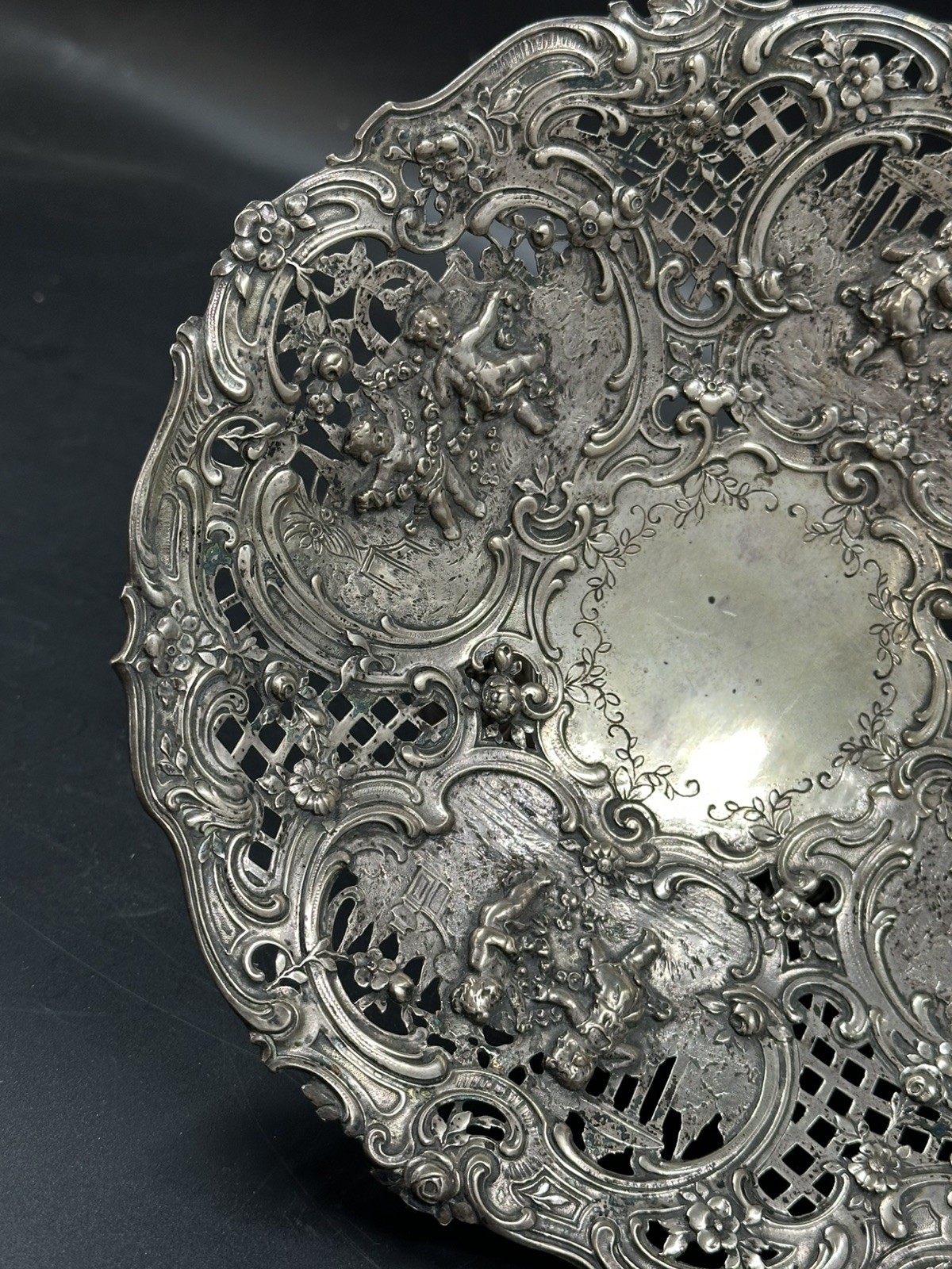 Antique German 800 Silver Repousse Pierced Centerpiece Bowl Cherubs 338g 8 1/2”
