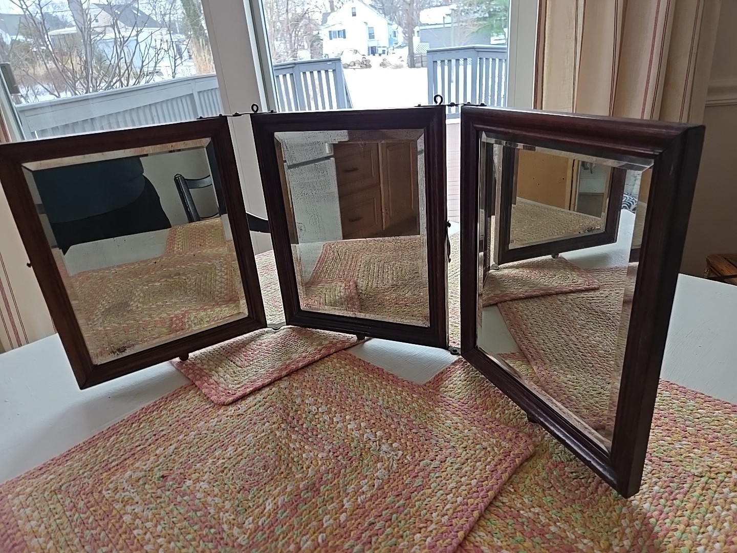 Antique Tri-Fold 3 Panel Beveled Mirror Wood Frame Leather Floral Backing Heavy