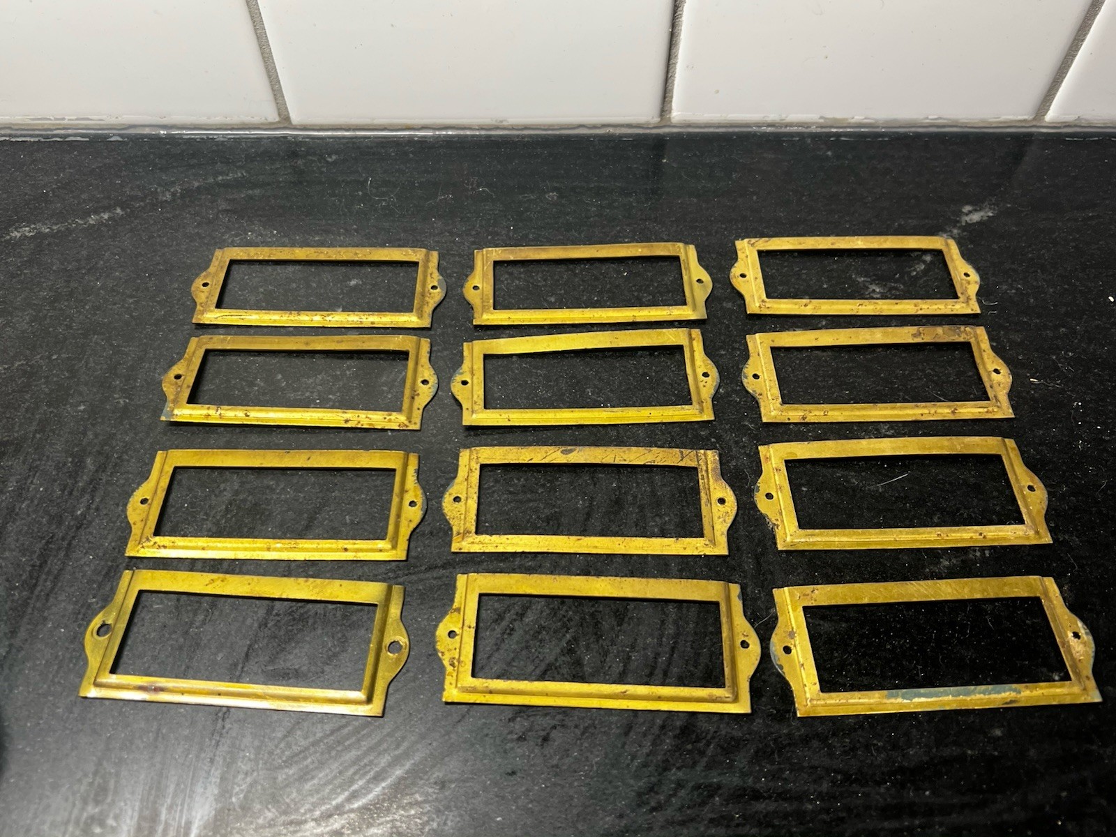 Antique / Vintage Brass Label Card Holders for Cabinet Hardware Lot of 4