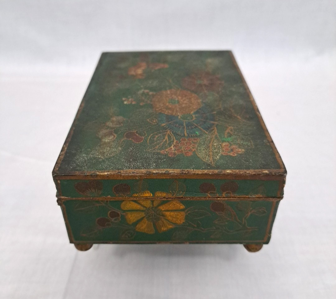 Antique Chinese Handmade Hand Painted Tin Jewelry Trinket Box Floral Design