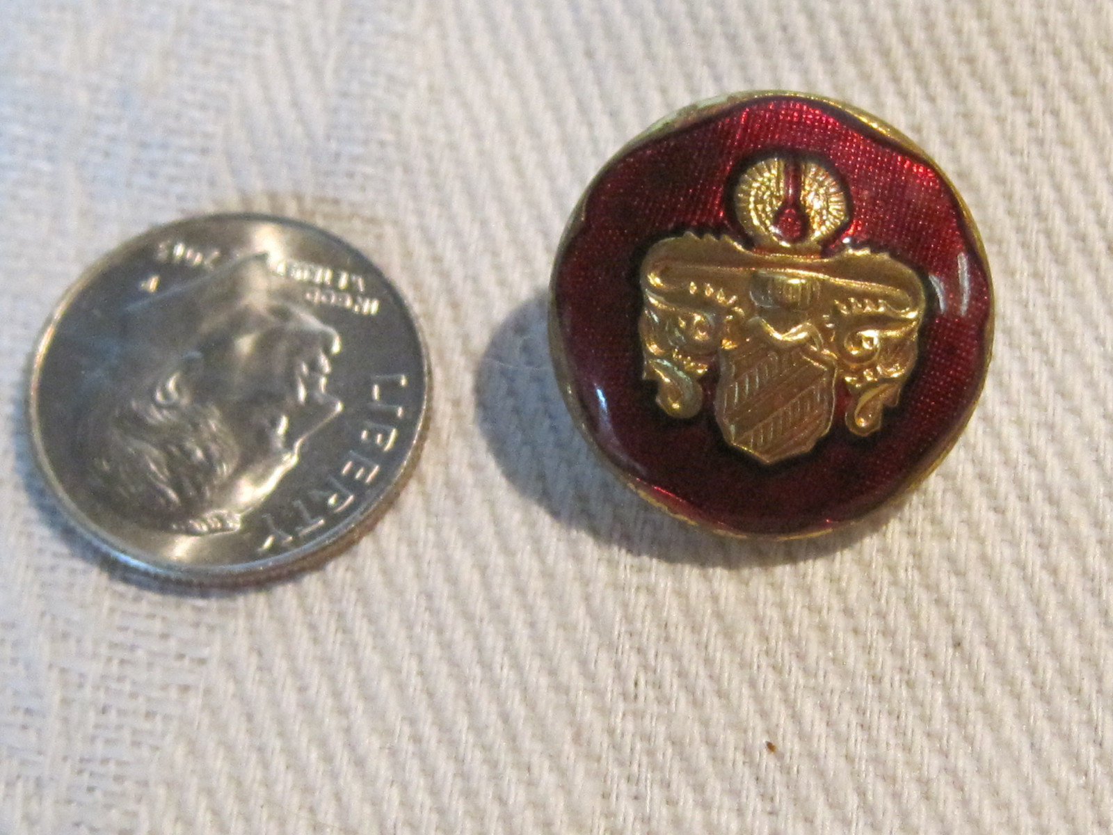 Vintage button with red enamel gold tone pocket watch design