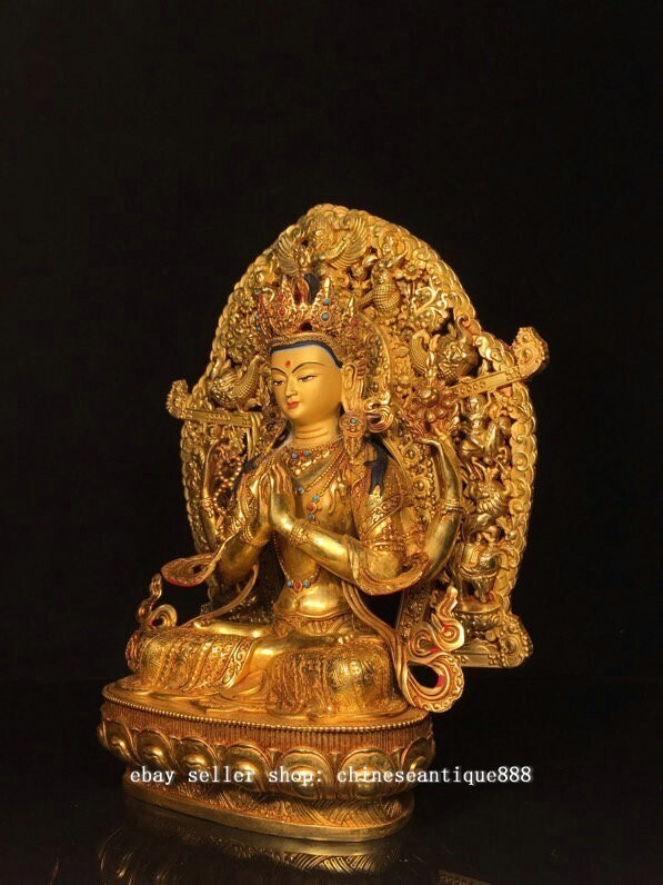 13” Tibet Copper Gilt Gems 4 Arm Hand Chenrezig Buddha Avalokiteshvara Statue