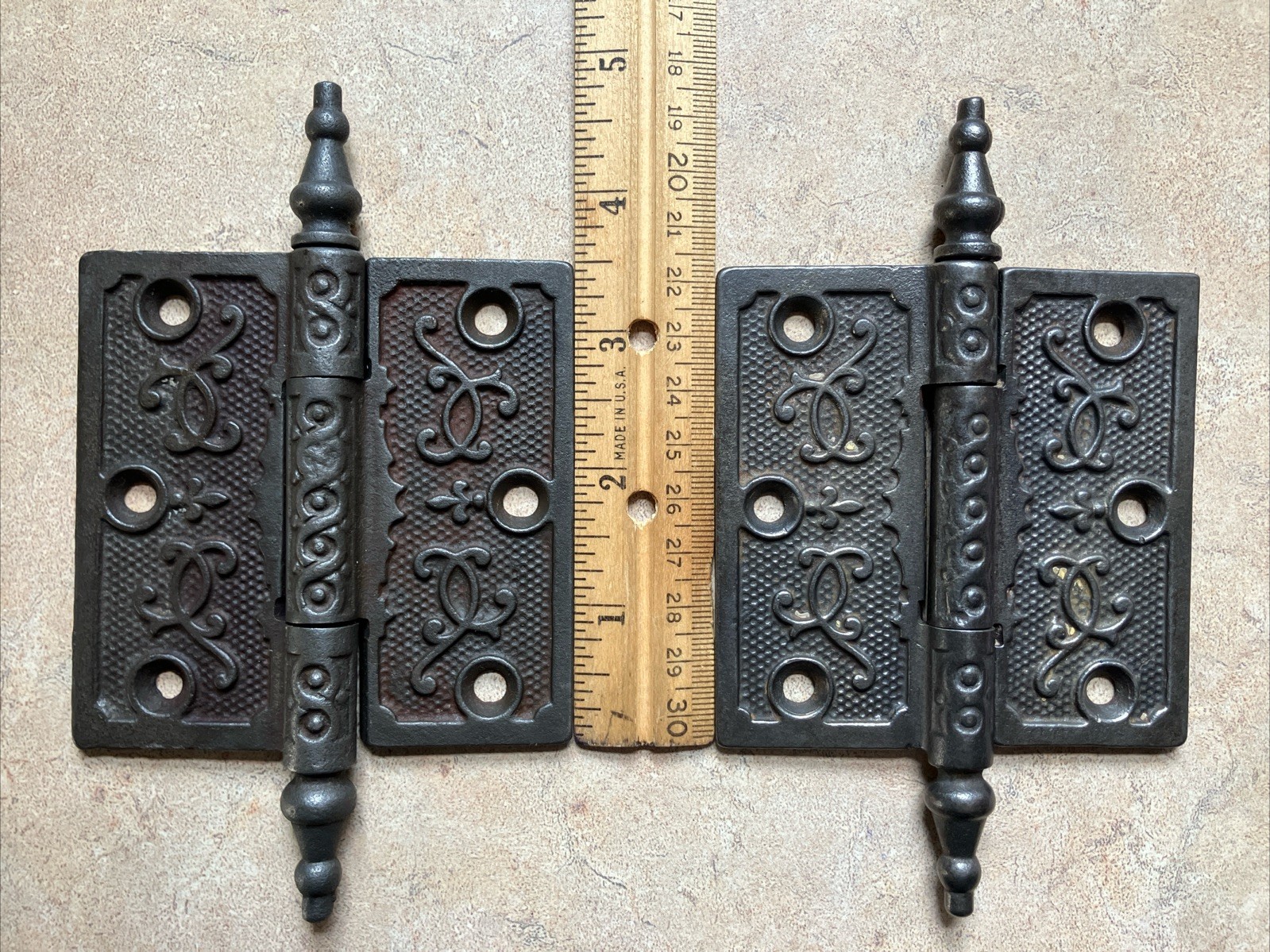 Pair Antique Ornate Eastlake Victorian Steeple Tip Door Hinges 3.5”x 3.5”