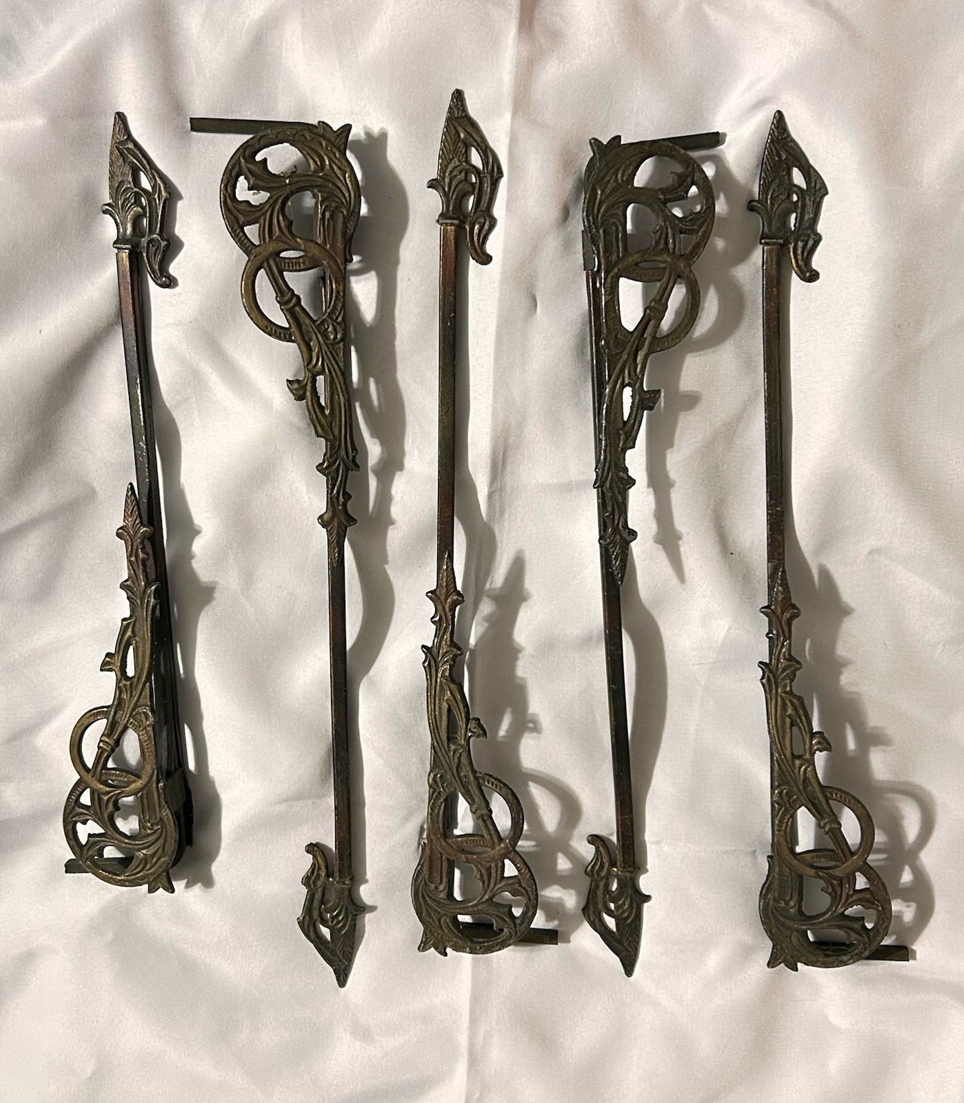 5 ANTQ Victorian Art Deco Brass/Iron Swing Arm Curtain Rods Extendable, + Parts