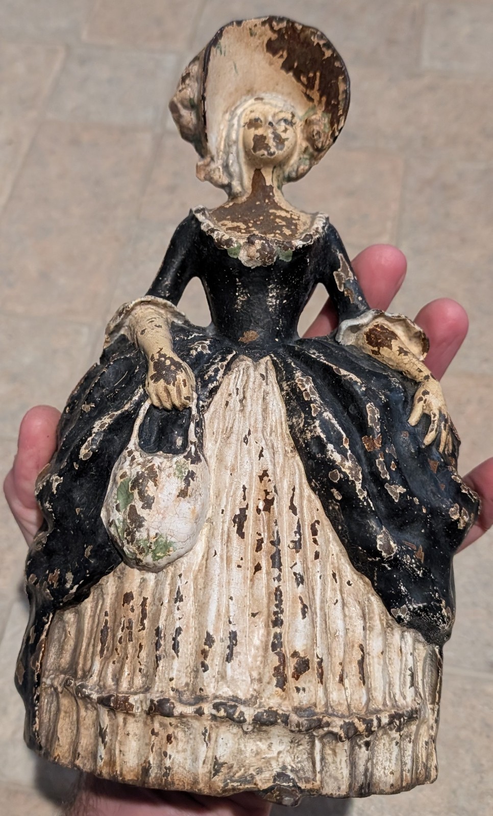 Victorian Cast Iron Lady Woman Girl Door Stop Hubley? Hoop Bonnet Hat, With Sash