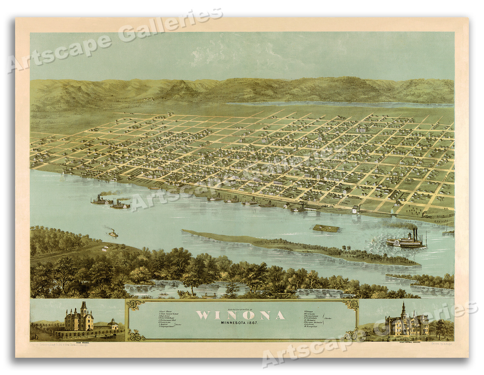 Bird’s Eye View 1867 Winona Minnesota Vintage Style City Map – 18×24