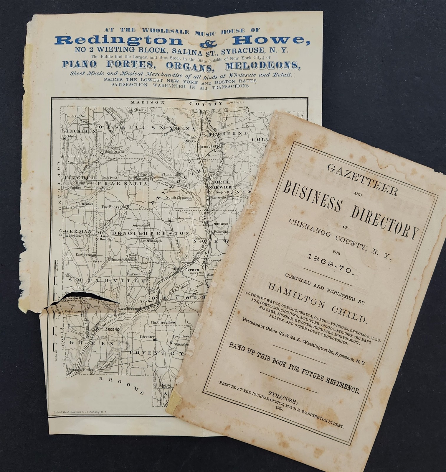 1869 antique CHENANGO COUNTY ny MAP and TITLE PAGE AD mower knives oroide watch