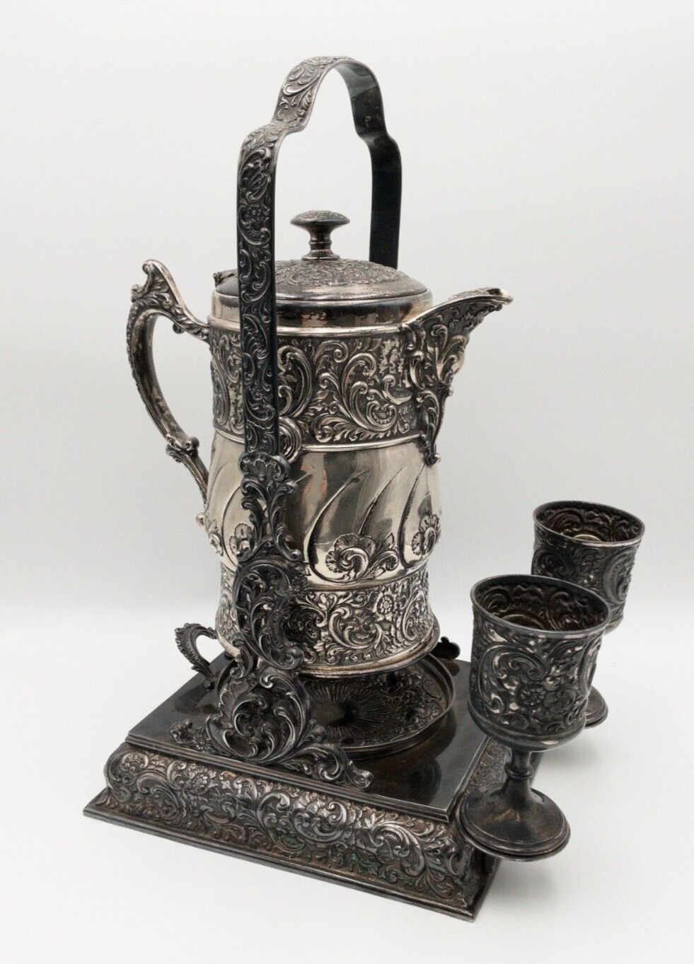 Antique Rogers Smith & Co. Quadruple Silver Plated Tilting Pitcher w/ Goblets