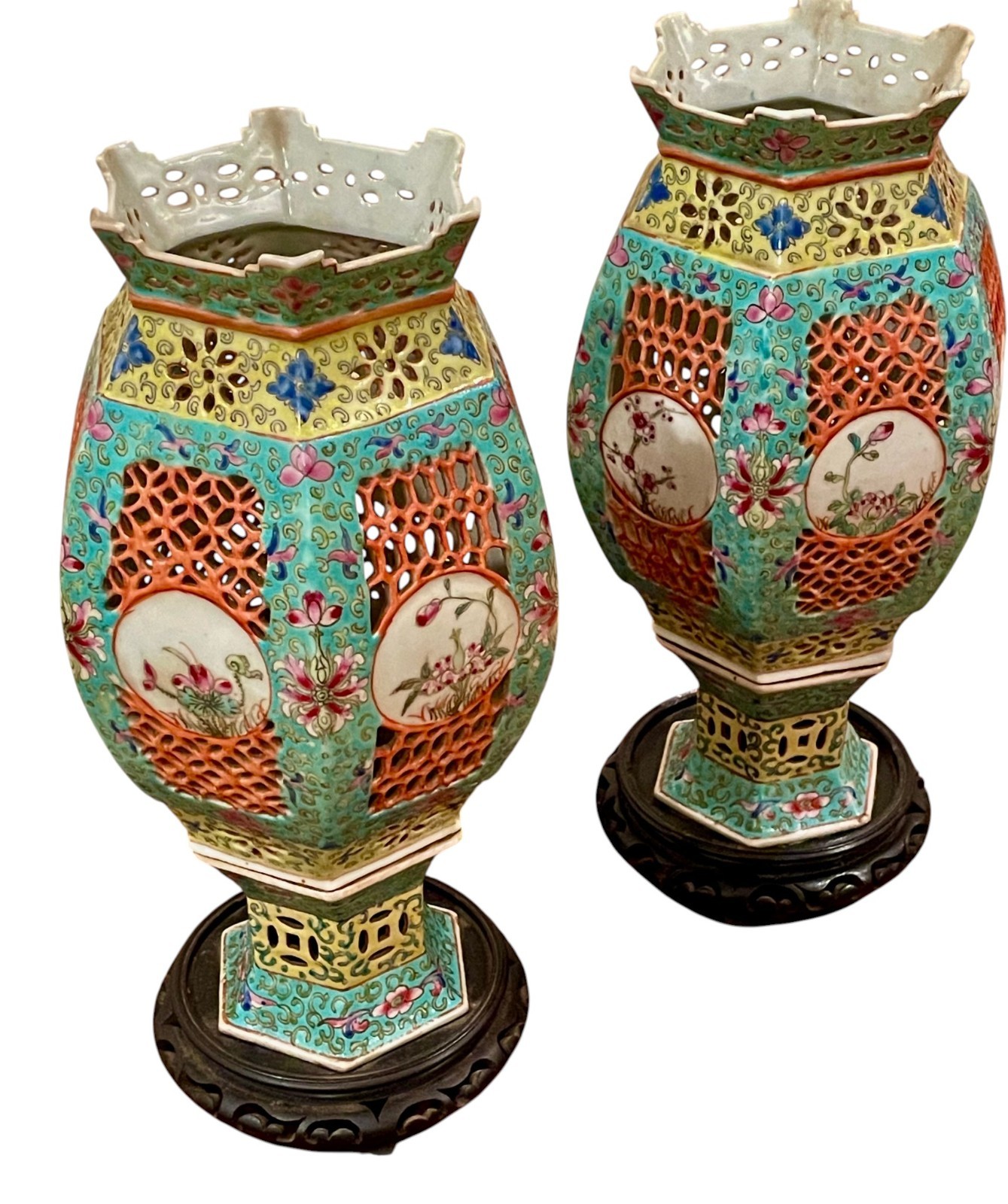 Late 1800’s Pair Chinese Famille Rose Reticulated Porcelain Wedding Lanterns