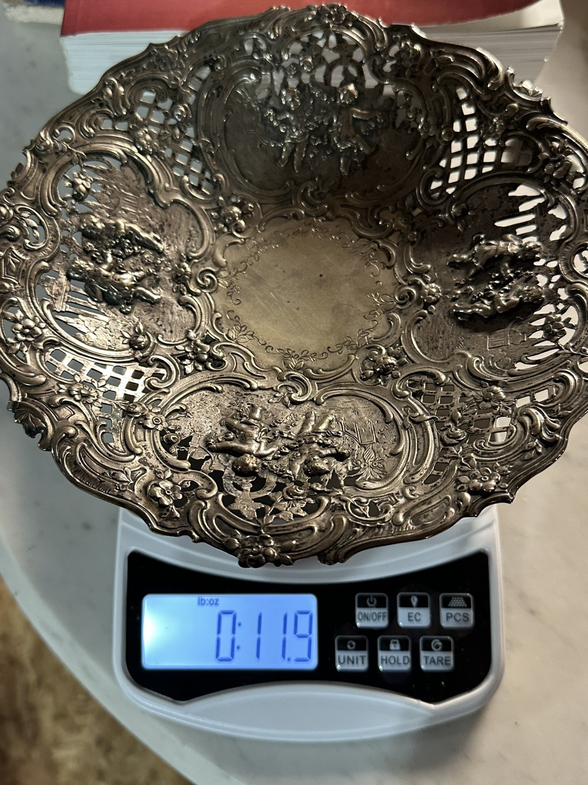 Antique German 800 Silver Repousse Pierced Centerpiece Bowl Cherubs 338g 8 1/2”