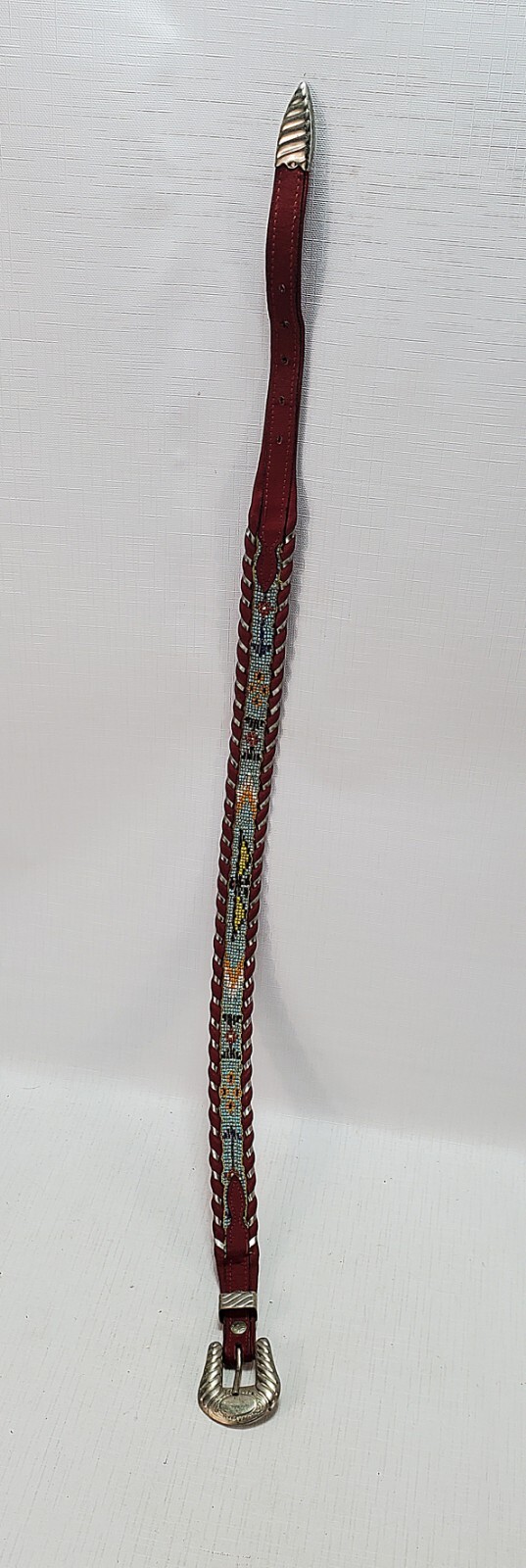 34+” Native American Beaded Red Leather Belt AL BERES Wages German Silver Buckle