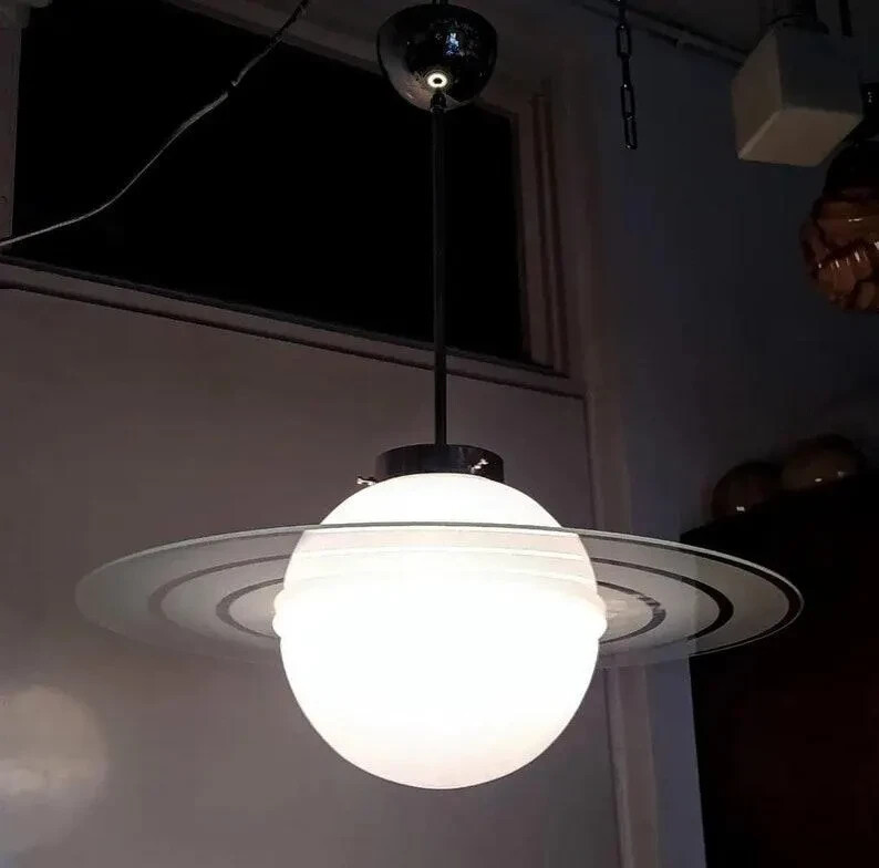 Antique Art Deco Saturn Ceiling Light – Nickel Brass & Milk Glass Elegance