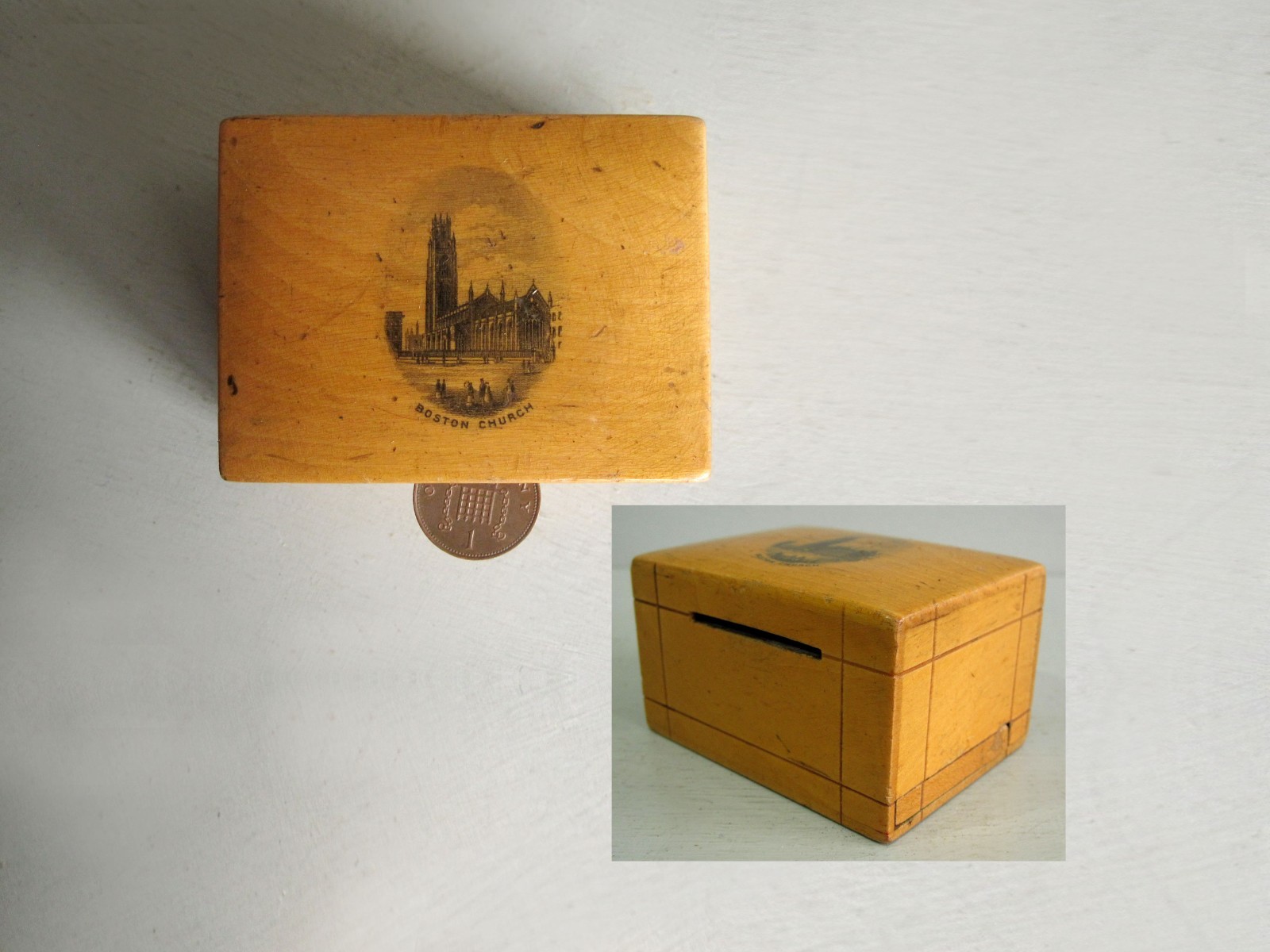 Antique Mauchline Ware moneybox featuring Boston Church, wooden money box