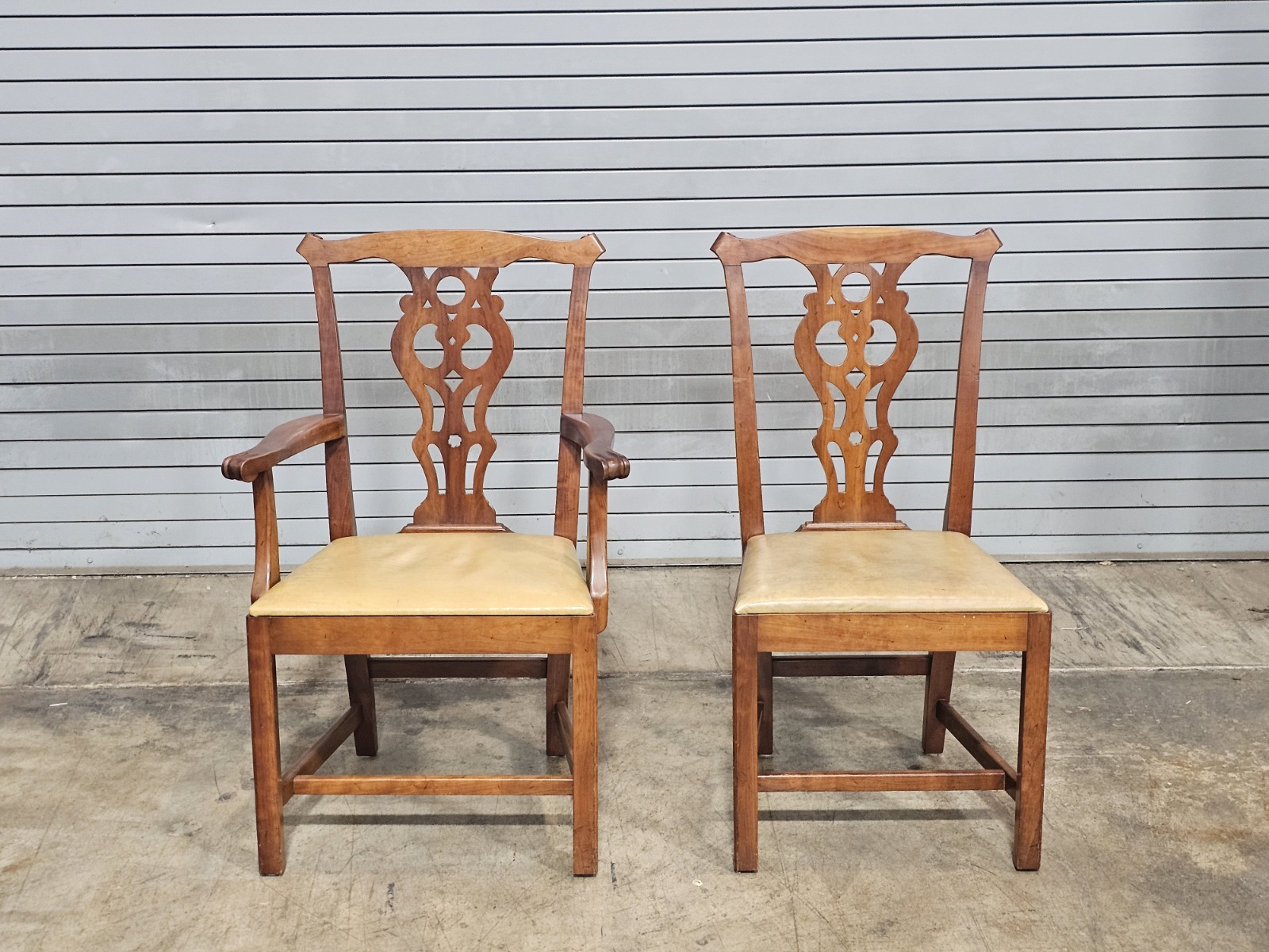 Set of 8 Stickley Chippendale Solid Cherry Dining Chairs Leather Seats Made USA