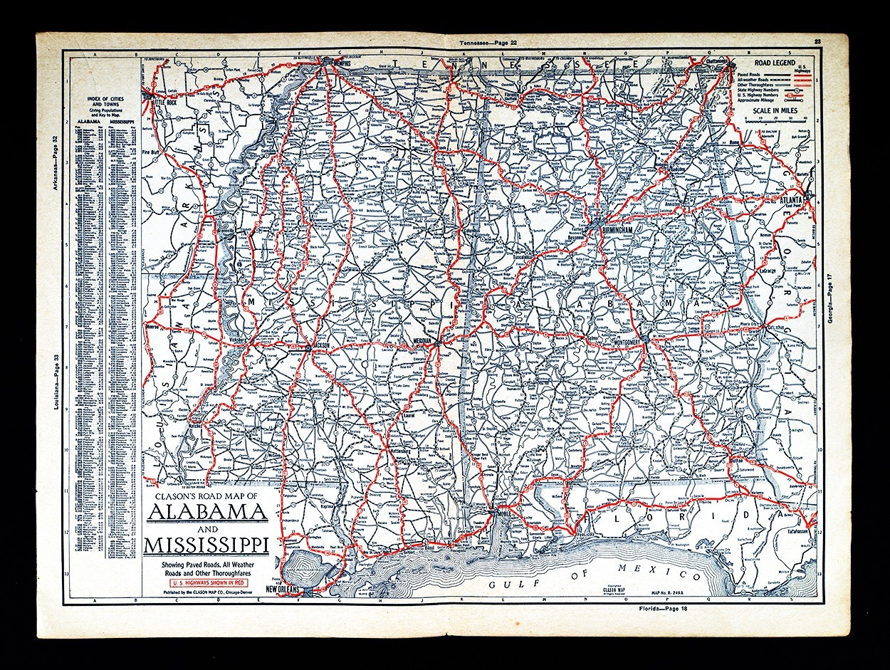 1930 Clason Auto Road Map AL MS Jackson Birmingham Mobile Montgomery Natchez