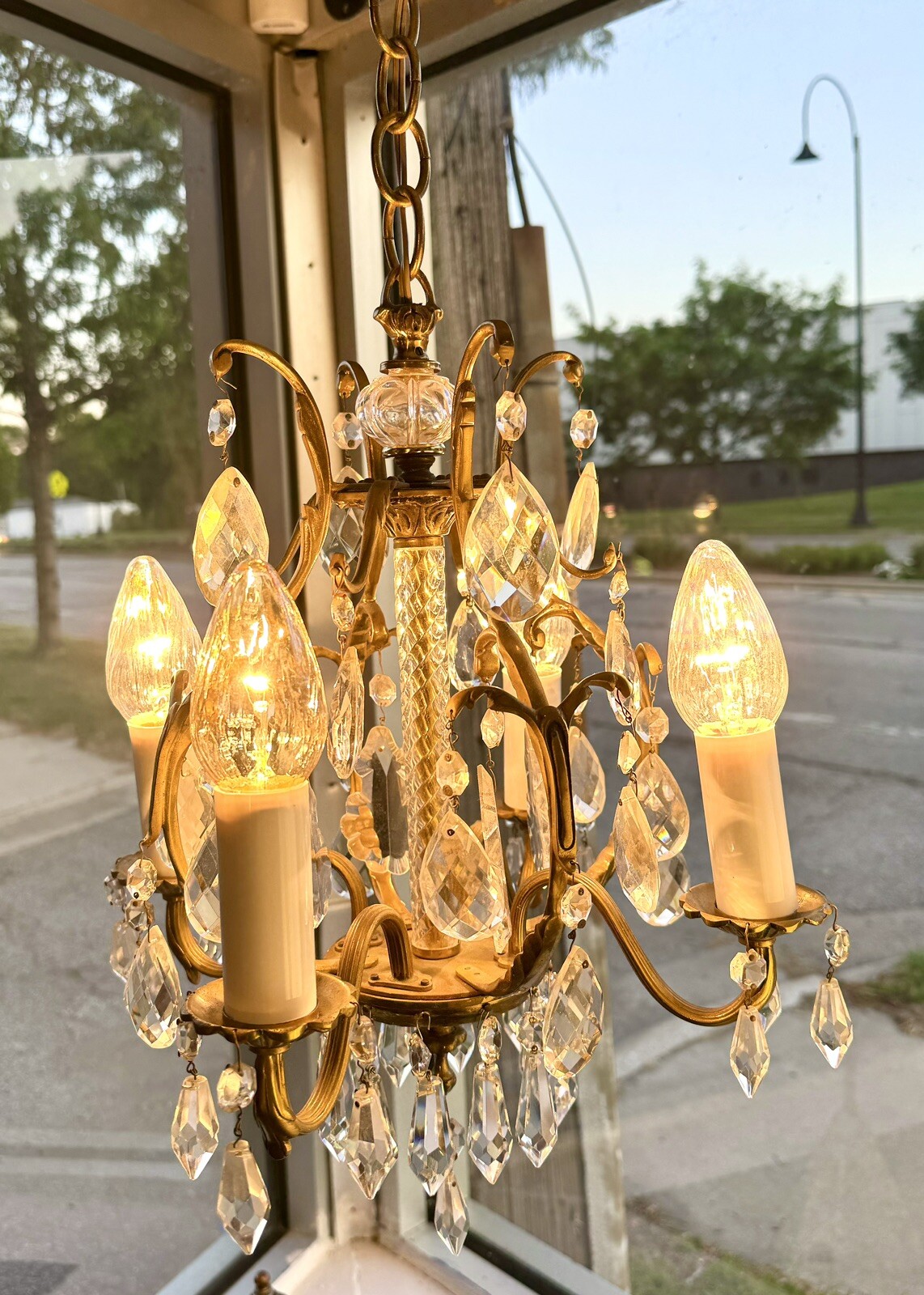 Antique Early 1900s Swag Plug In French Bronze and Crystal 4 Light Chandelier