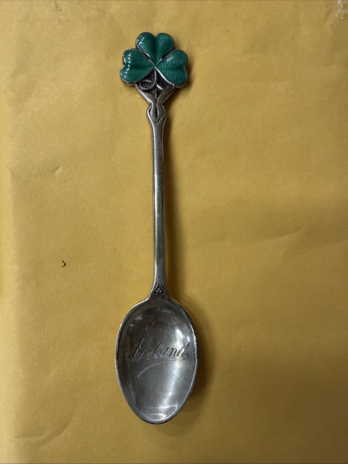 Shamrock 3 Leaf Clover Ireland Irish 3.6″ Enamel Sterling Souvenir Spoon 7g
