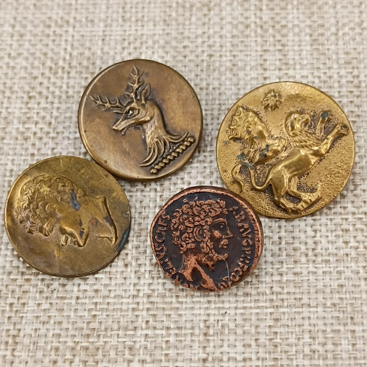 Antique Brass Mythical Figural Button Lot Griffin Roman Coin Deer Metal Shank