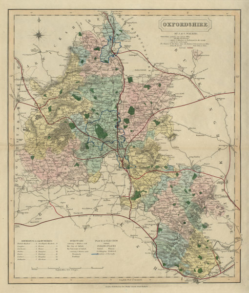 Oxfordshire antique county map by J & C Walker. Railways & boroughs 1868