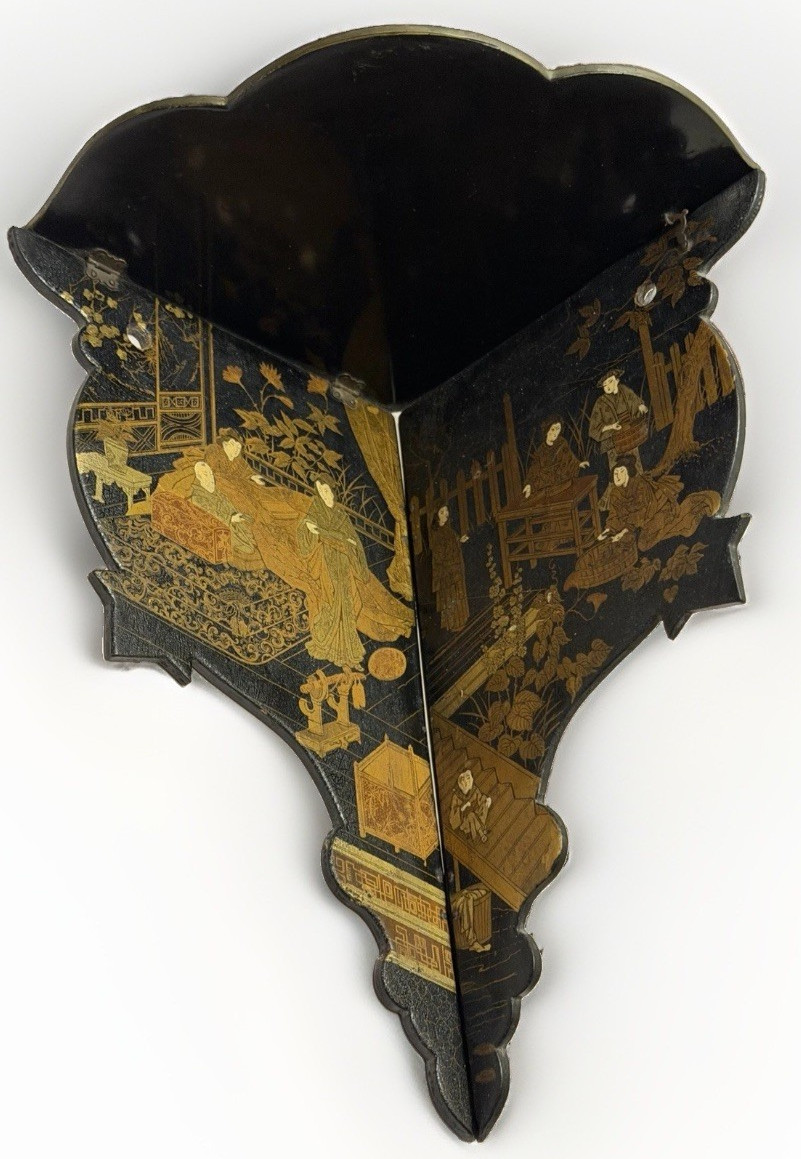 VTG Japanese Chinese Chinoiserie Black Lacquer Corner Wall Shelf MCM Folding 11″