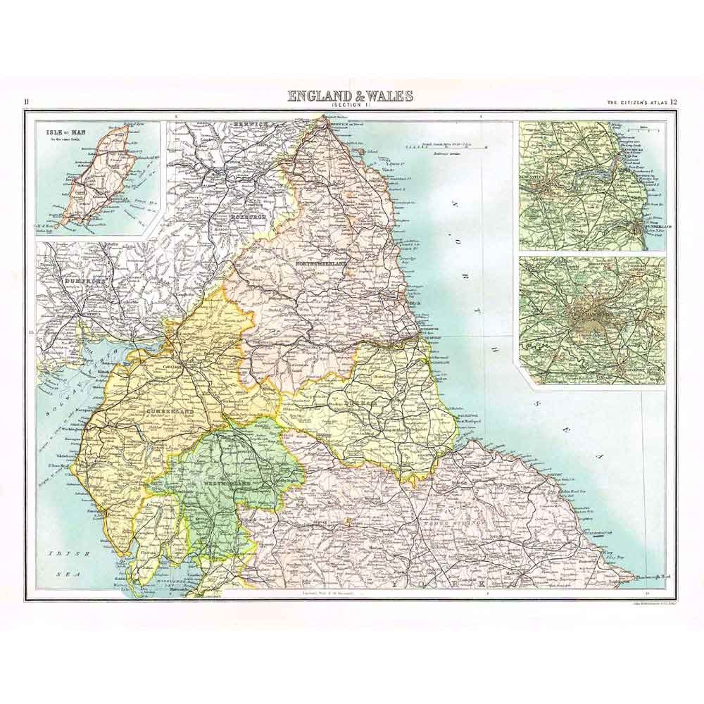 ENGLAND North Insets of Newcastle, Manchester, Isle of Man – Antique Map 1894