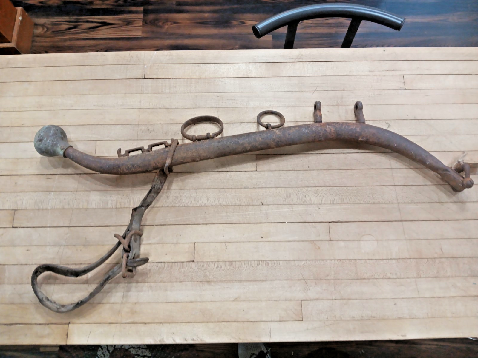 Antique Cast Iron Horse Hame w/ Broken Leather Strap & Brass Knob
