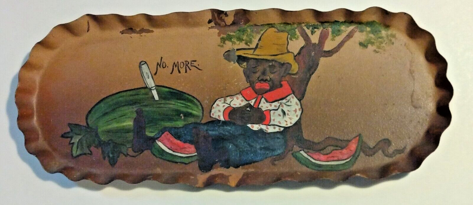 Vintage Folk Art Hand Painted Metal Tole Tray ~ “No More”