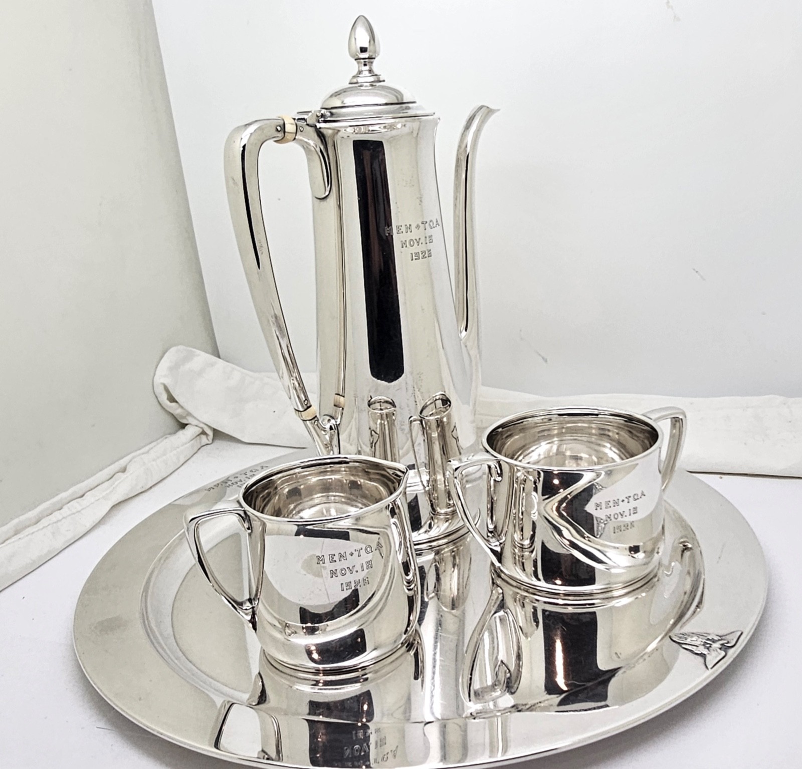 1925 TIFFANY USMA WEST POINT CRESTED STERLING SILVER 4 PCE DEMITASSE TEA SERVICE