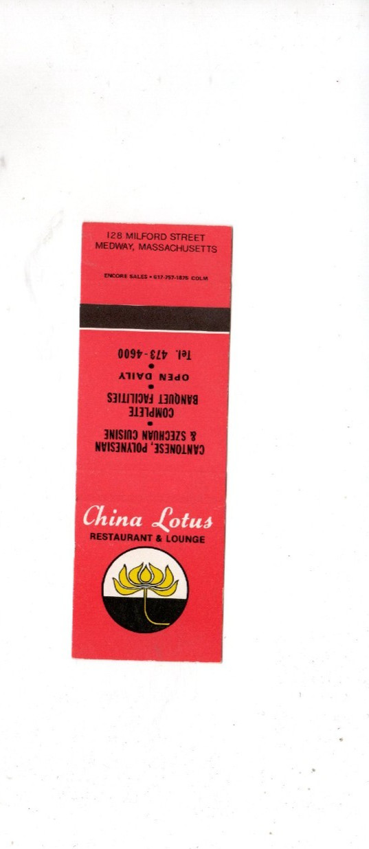 Vintage Matchcover China Lotus Restaurant & Lounge Medway Mass