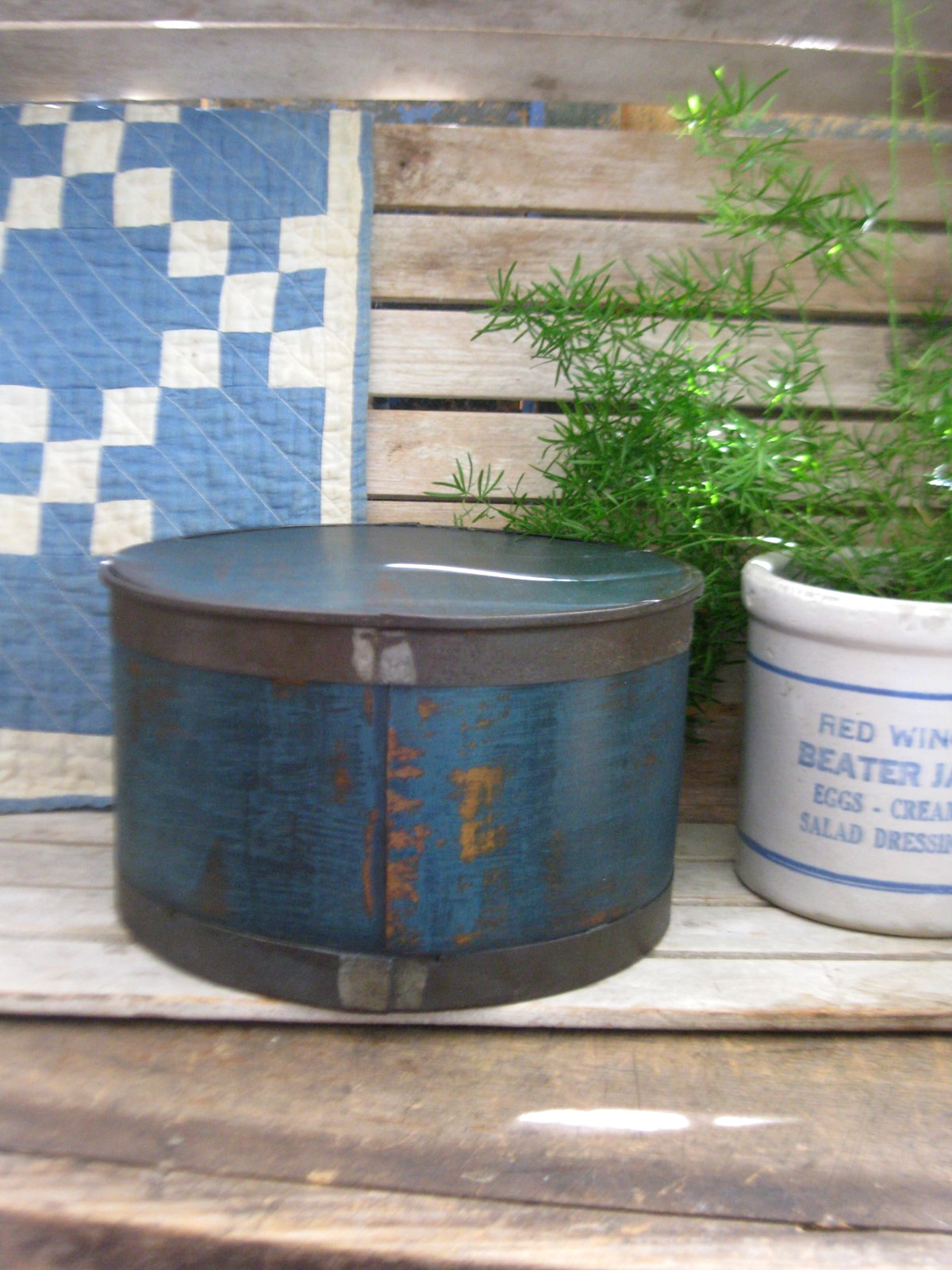 Antique Wood & Tin Pantry Box ca. 1860 New Blue Milk Paint