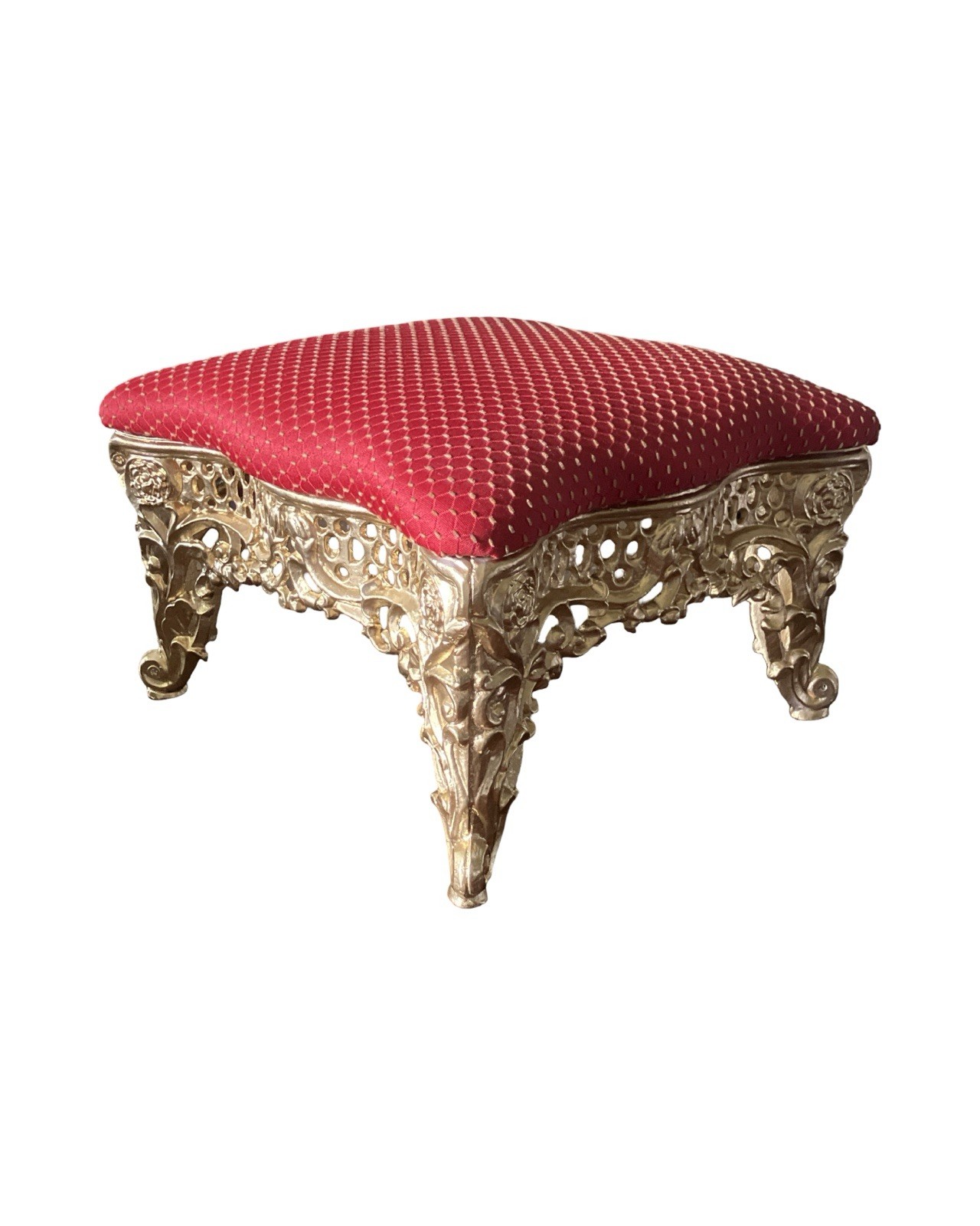 Vintage Heavy Ornate Cast Iron Elegant Fabric Foot Stool 13×13 12 lbs Gold Tone