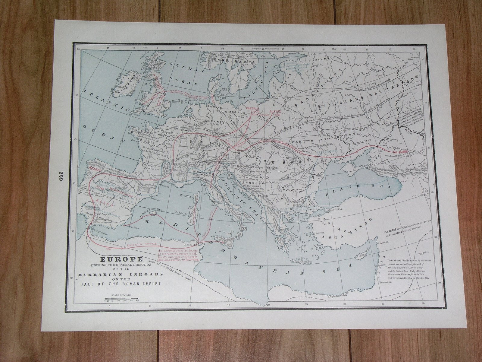 1890 ANTIQUE MAP EUROPE MIGRATION PERIOD BARBARIAN INVASION ROMAN EMPIRE GOTHS