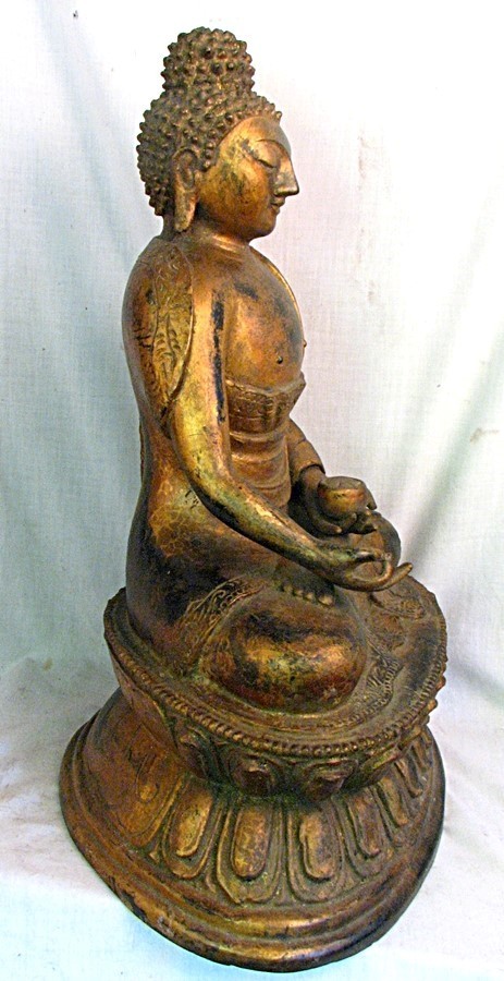 HUGE BRONZE BUDDAH w GILDING ANTIQUE c.1880