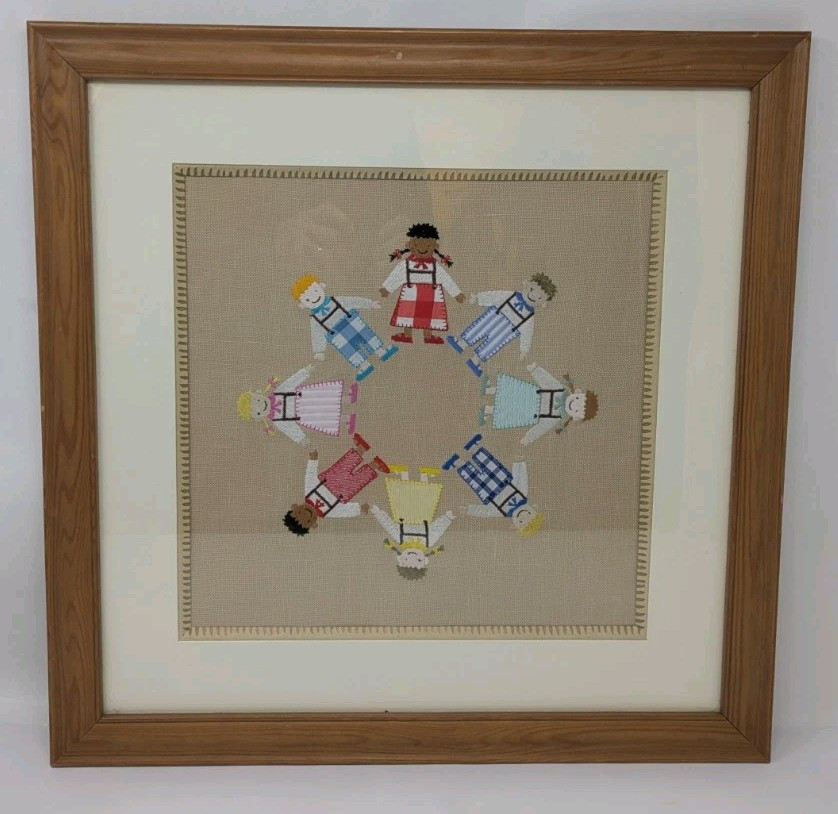 Framed Embroidered Children Circle of Children 17 in x 17 in Matted