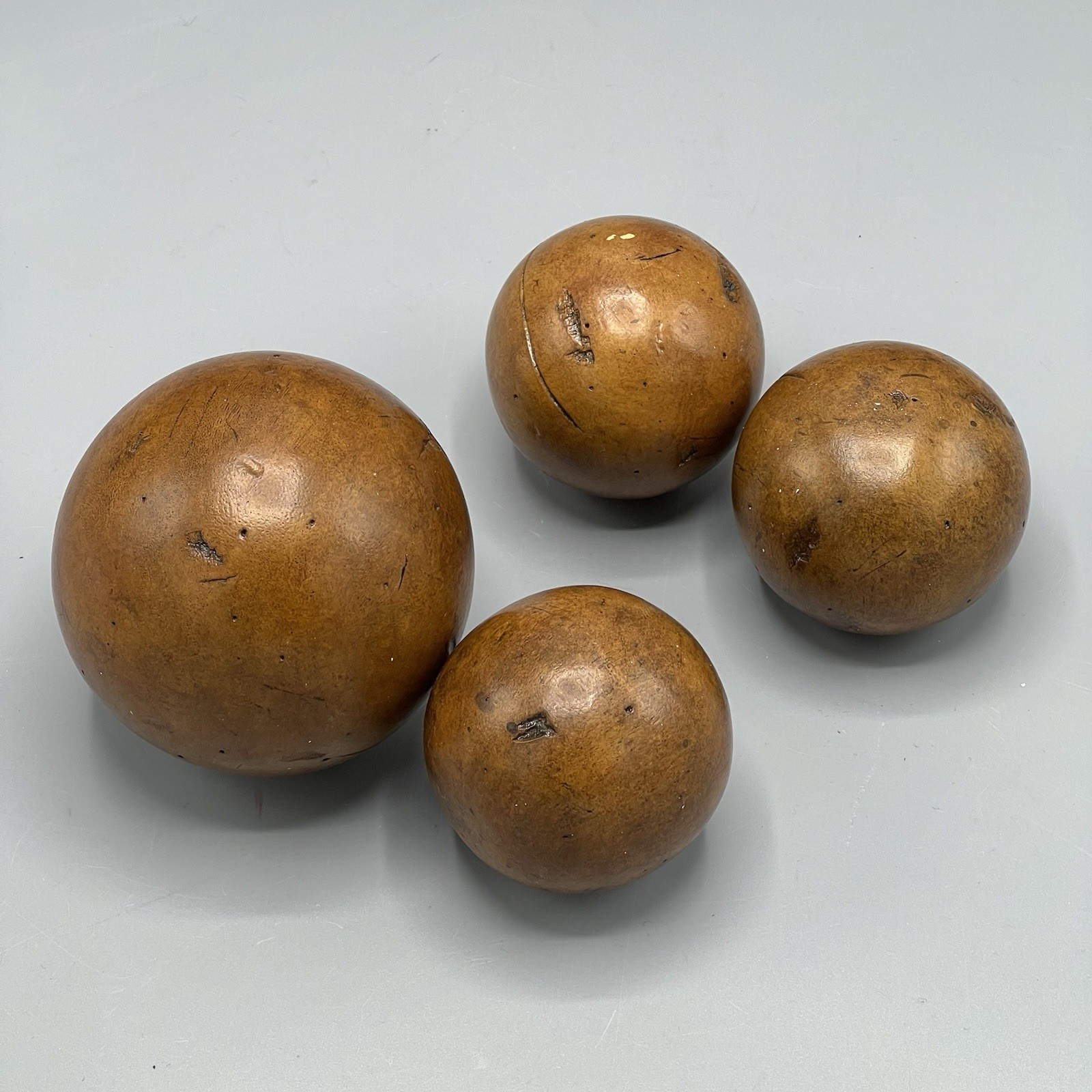 Set of 4 Small 3” & Med 3.5” Vintage Antique Turned Wood Balls Spheres MCM