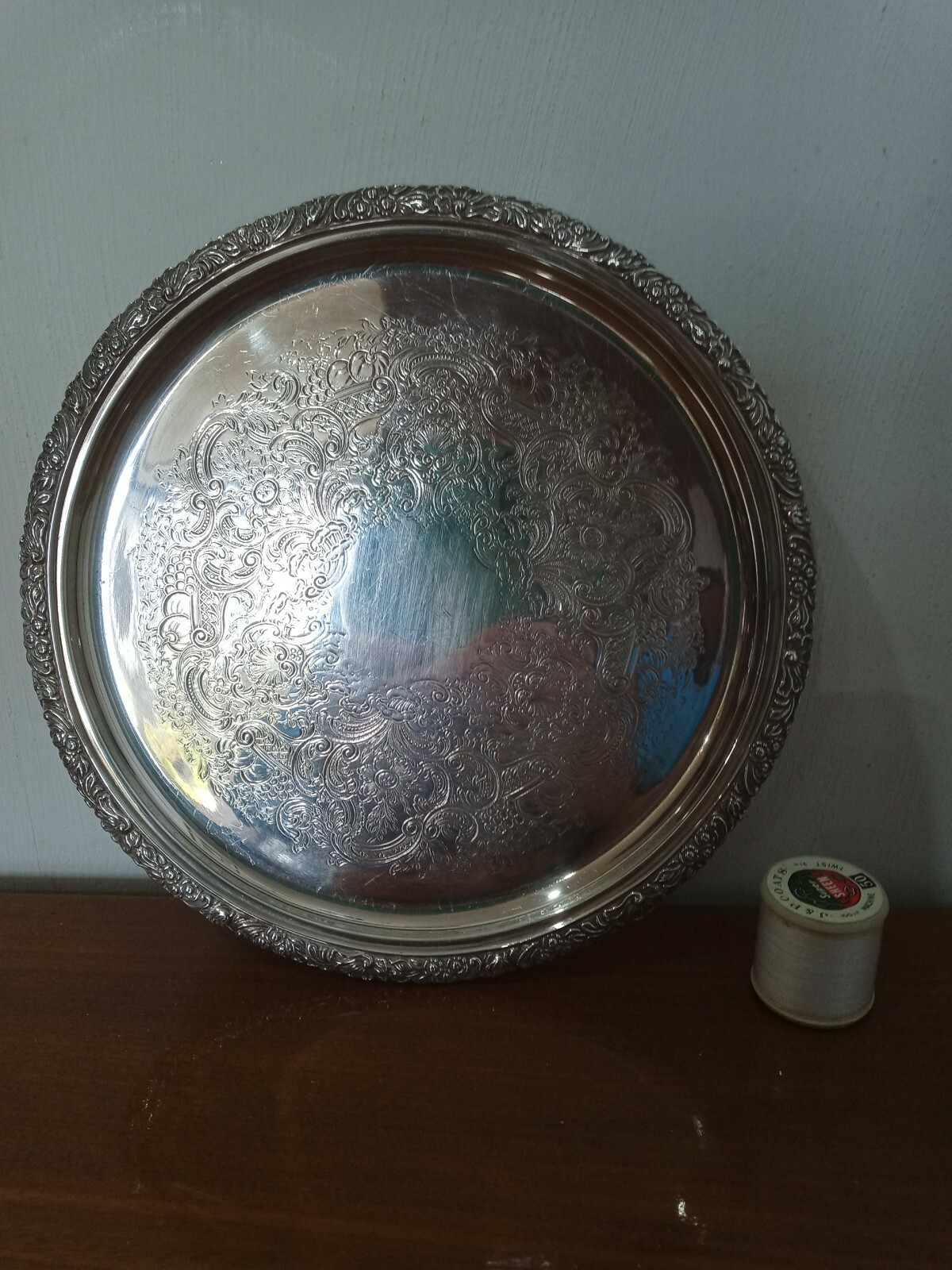 Vintage Antique Small All Silver Plate On Copper Tray 8.5ibch Heavily decorated