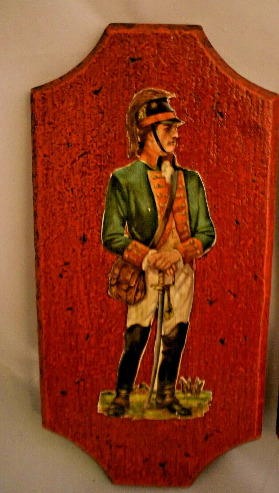 Soldier Wooden Wall Hangings Set of 2 Decoupage 10 in. tall brick red background