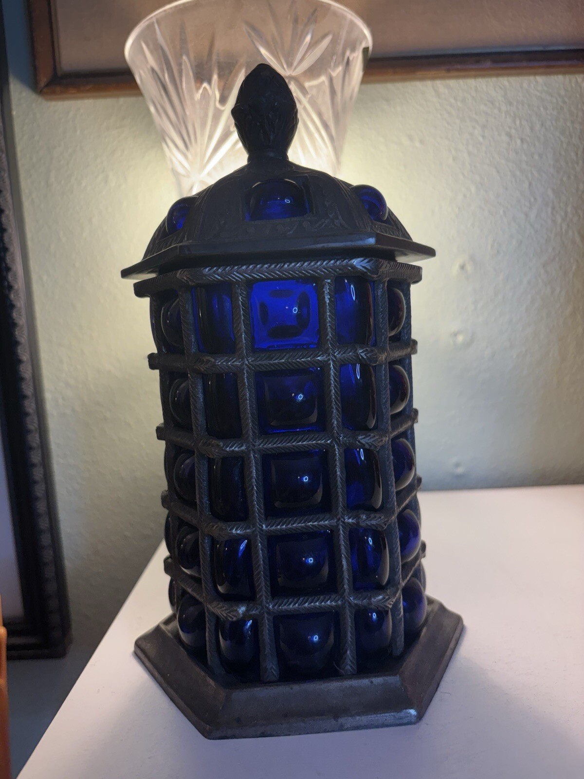 Vintage Cobalt Brass Baroque Bronze Metal Bubble Glass Caged Apothecary Jar