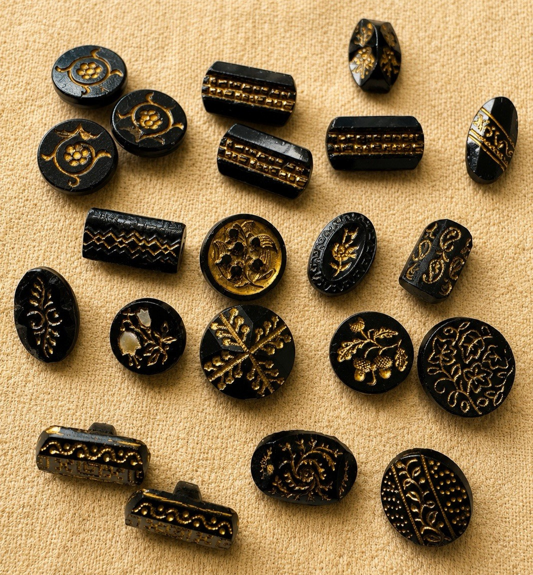Antique Victorian Black Glass Gold Luster Intaglio Incised Buttons Lot Sets