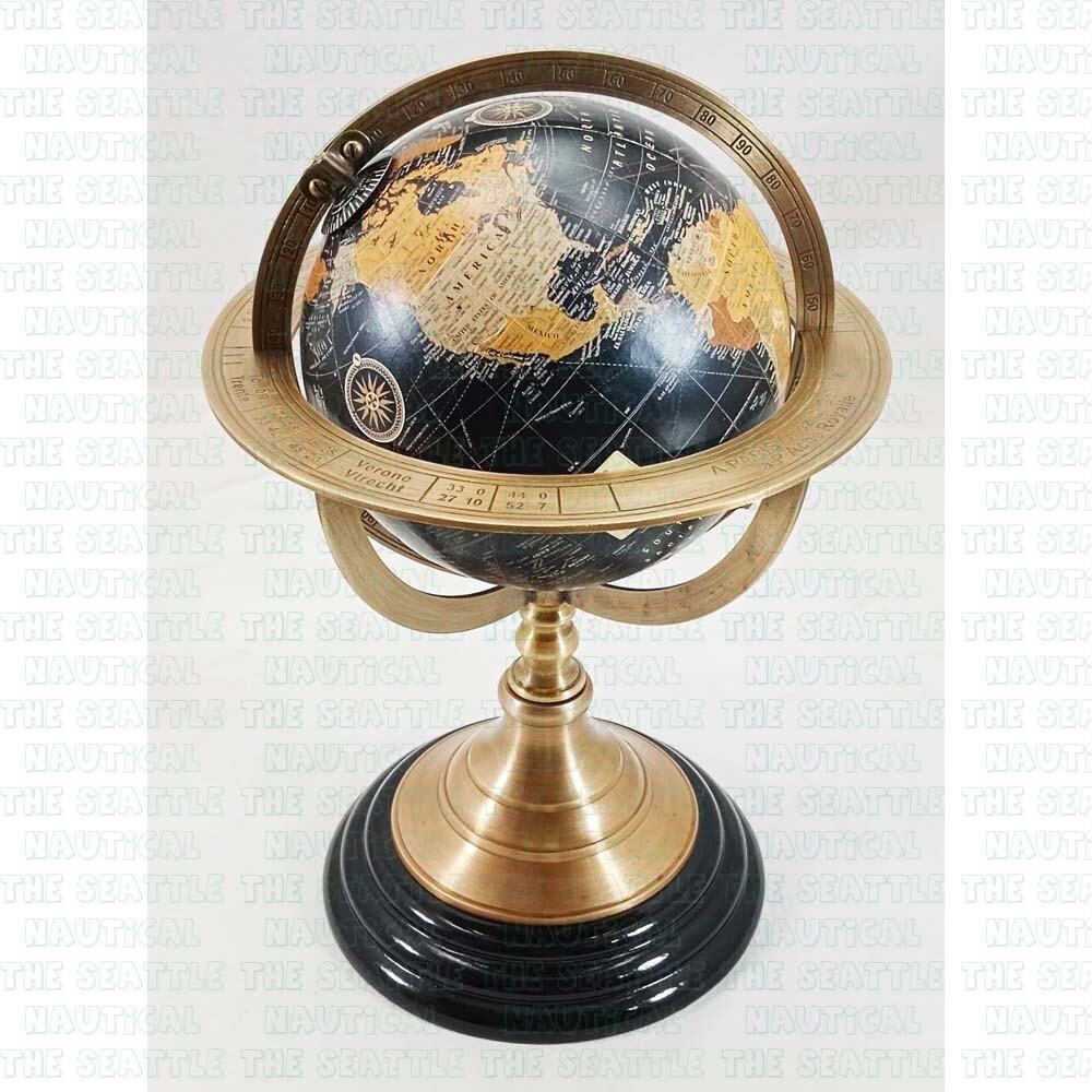 Vintage Brass Armillary Sphere World Globe On Wooden Base Maritime Nautical Gift