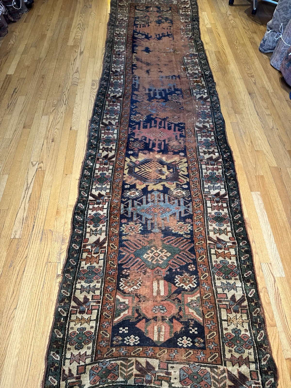 Antique Handwoven Caucasian Runner Kardagh Kazak 12’10 X 3’5 Depressed C.1890