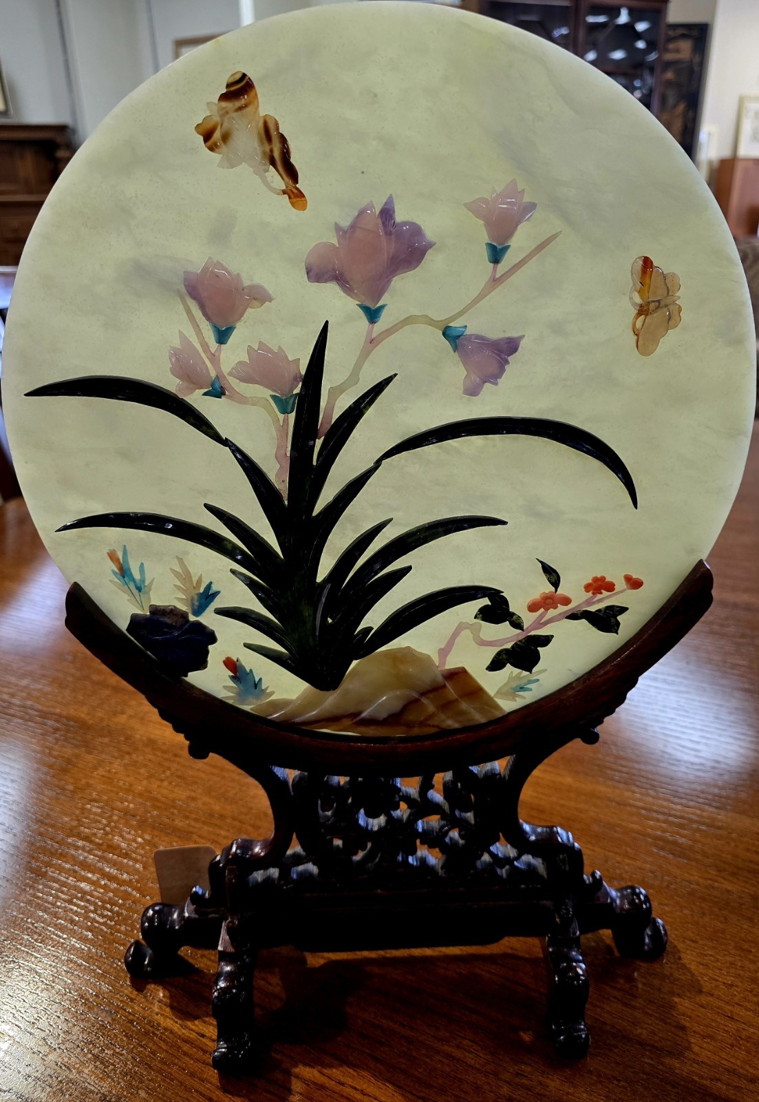 19th C Chinese hardstone table screen Multiple Semi-Precious Stones W/ Rosewood