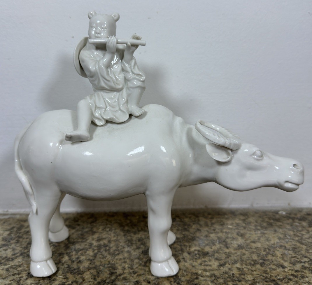 Blanc De Chine Porcelain Flute Player On Water Buffalo Indochina 20th Century