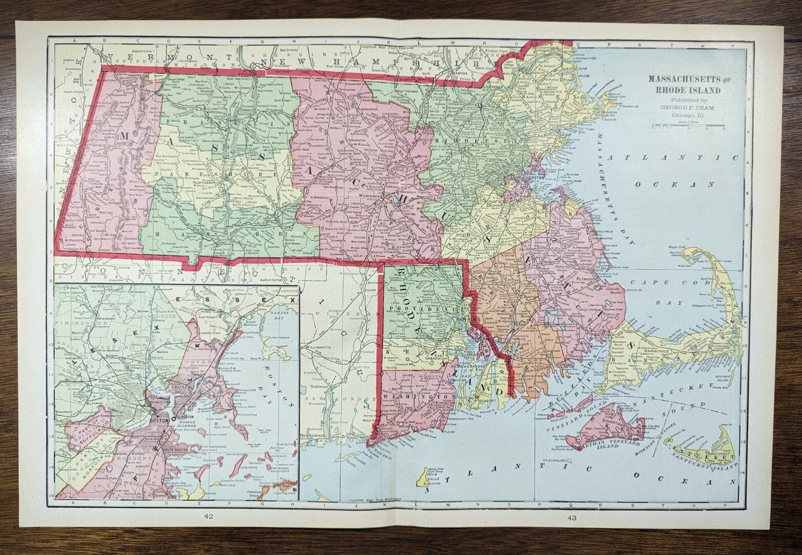 Vintage 1903 MASSACHUSETTS RHODE ISLAND Map 22″x14″ ~ Old Antique Original